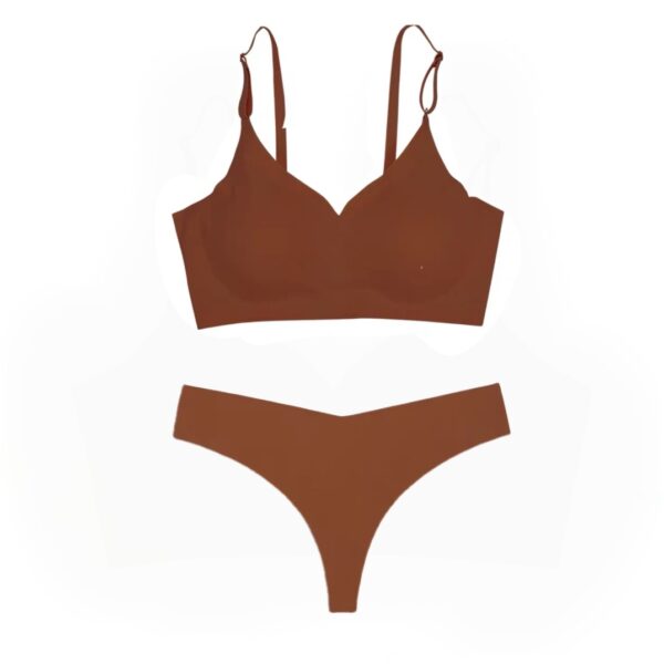 Seamless terracotta bra and thong set with silky fabric, adjustable straps, and a smooth, invisible finish in a warm, bold hue for all-day comfort.