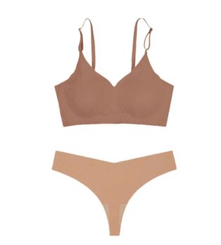 Seamless mocha bra and panty set in a warm neutral shade, featuring soft fabric, adjustable straps, and a no-show finish for everyday elegance and ease.