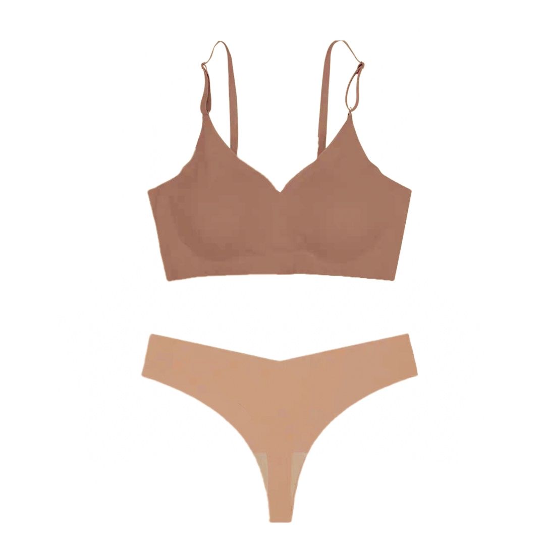 Seamless mocha bra and panty set in a warm neutral shade, featuring soft fabric, adjustable straps, and a no-show finish for everyday elegance and ease.