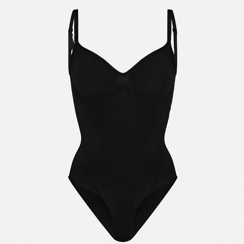 Contour Essentials Bodysuit in black with seamless, sculpting design. Perfect for layering or as a bold, elegant statement piece.